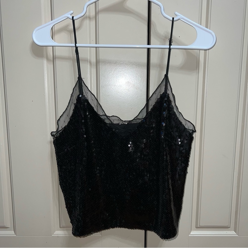 Forever 21 Black Sequin and Tulle V-Neck Spaghetti Strap Crop Top Camisole Sz S - Picture 11 of 11